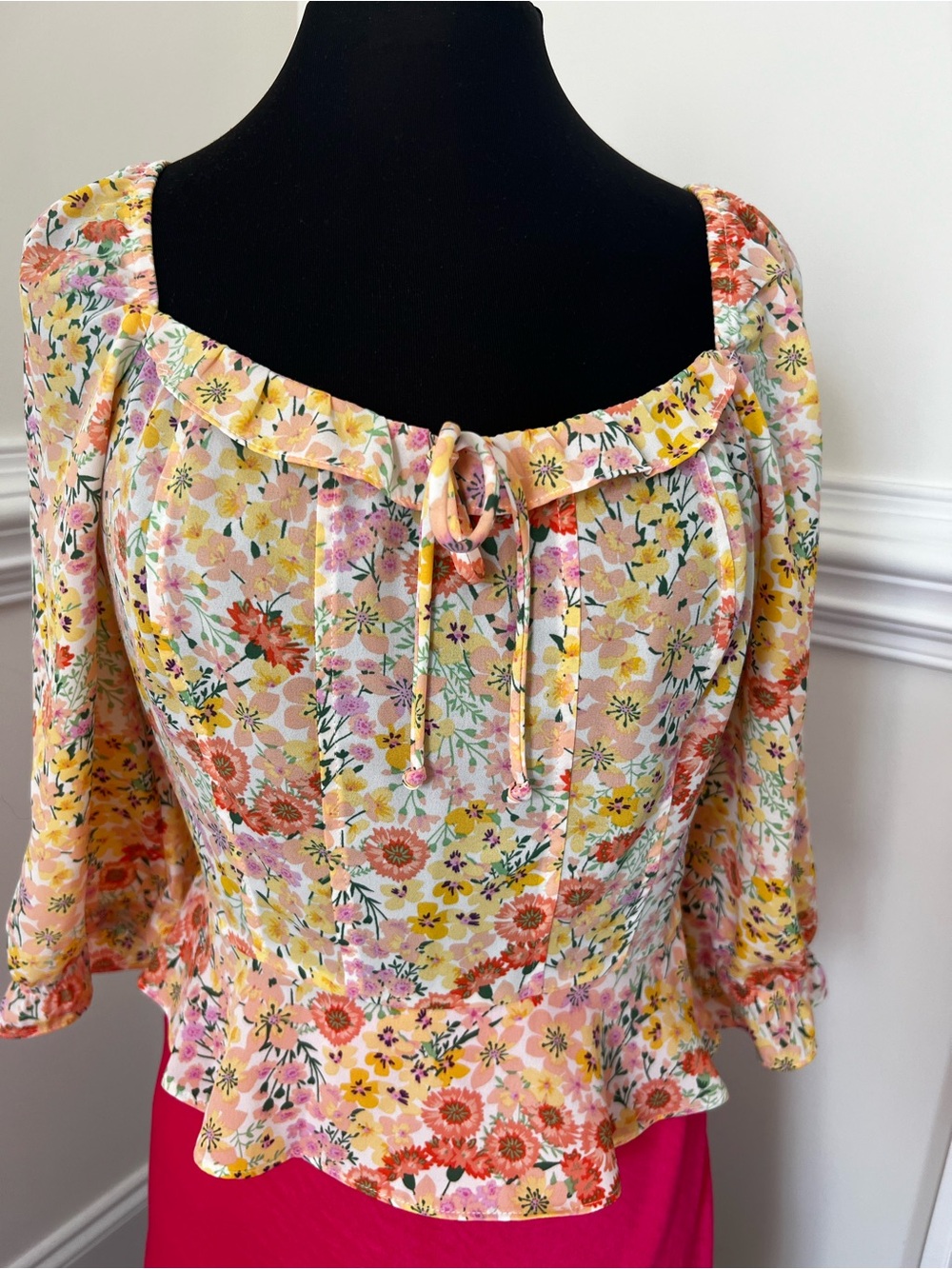A. Byer Yellow Multi Floral Peplum Tie-Neck Blouse